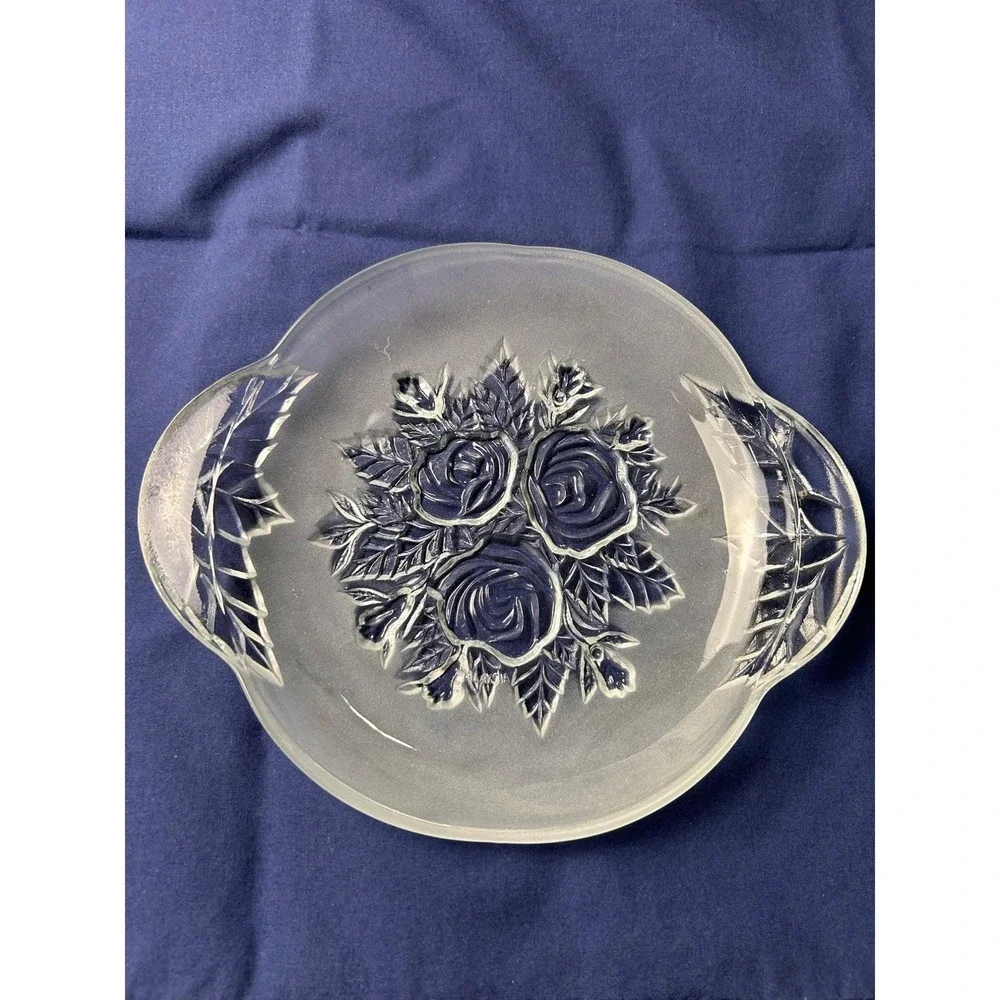 Vintage KIG Crystal Frosted Rose Embossed Glass 8.5